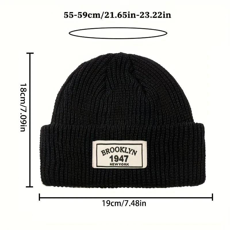 Ribbed Polyester Cuffed Knit Beanie with Woven Patch for Everyday Winter Streetwear Style