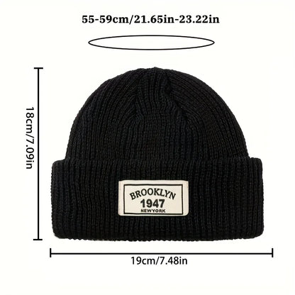 Ribbed Polyester Cuffed Knit Beanie with Woven Patch for Everyday Winter Streetwear Style