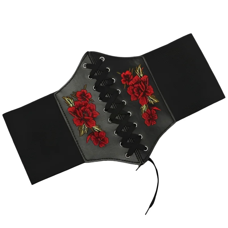 Embroidered Faux Leather Corset Belt with Wide Waist-Defining Silhouette