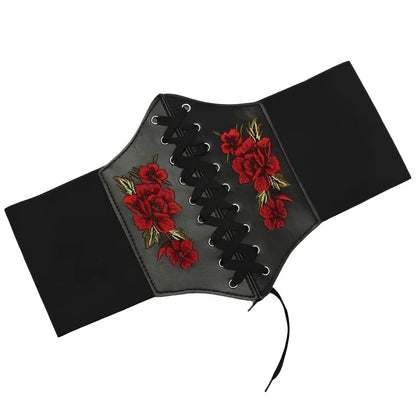 Embroidered Faux Leather Corset Belt with Wide Waist-Defining Silhouette