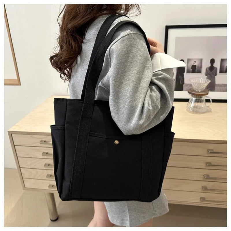 Large Capacity Canvas Tote Shoulder Bag with Multi Pocket Design