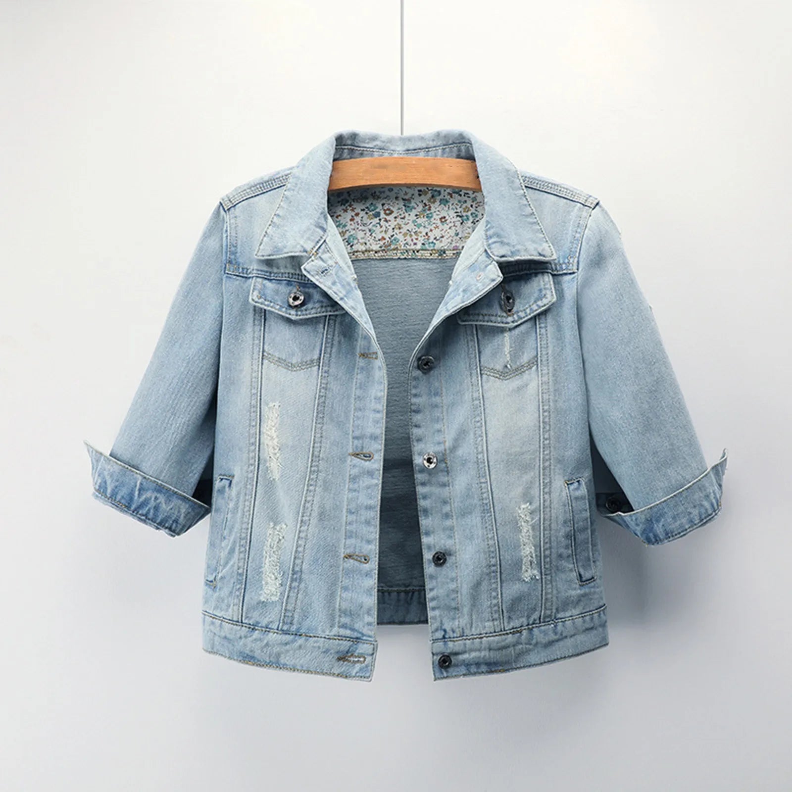 Women's Cropped Denim Jacket with Rolled Sleeves Vintage Streetwear Appeal