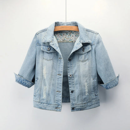 Women's Cropped Denim Jacket with Rolled Sleeves Vintage Streetwear Appeal