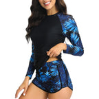 Two-Piece Long Sleeve Rash Guard Swimsuit with Tropical Botanical Print and Boy Shorts