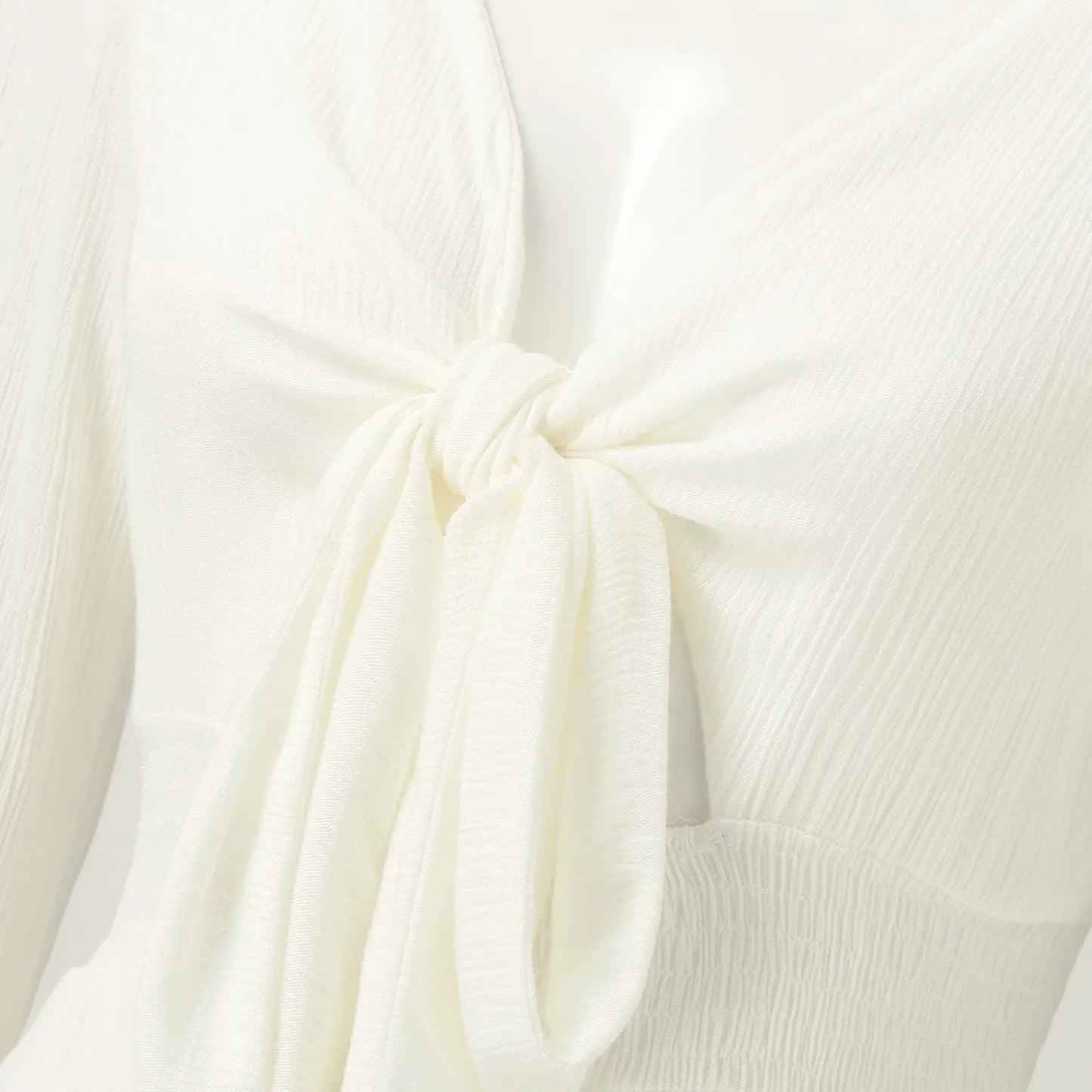 Long Sleeve V-Neck Tie Front Ruffle Mini Dress with Flared Hem
