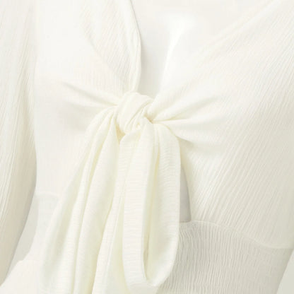 Long Sleeve V-Neck Tie Front Ruffle Mini Dress with Flared Hem