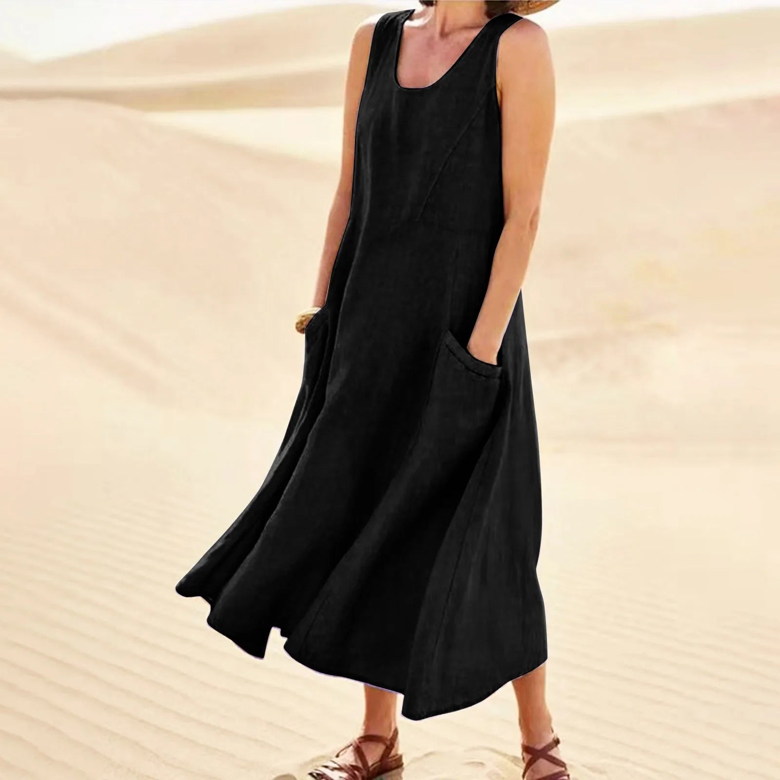 Relaxed Sleeveless Tank Maxi Dress with Pockets and Flowy Silhouette