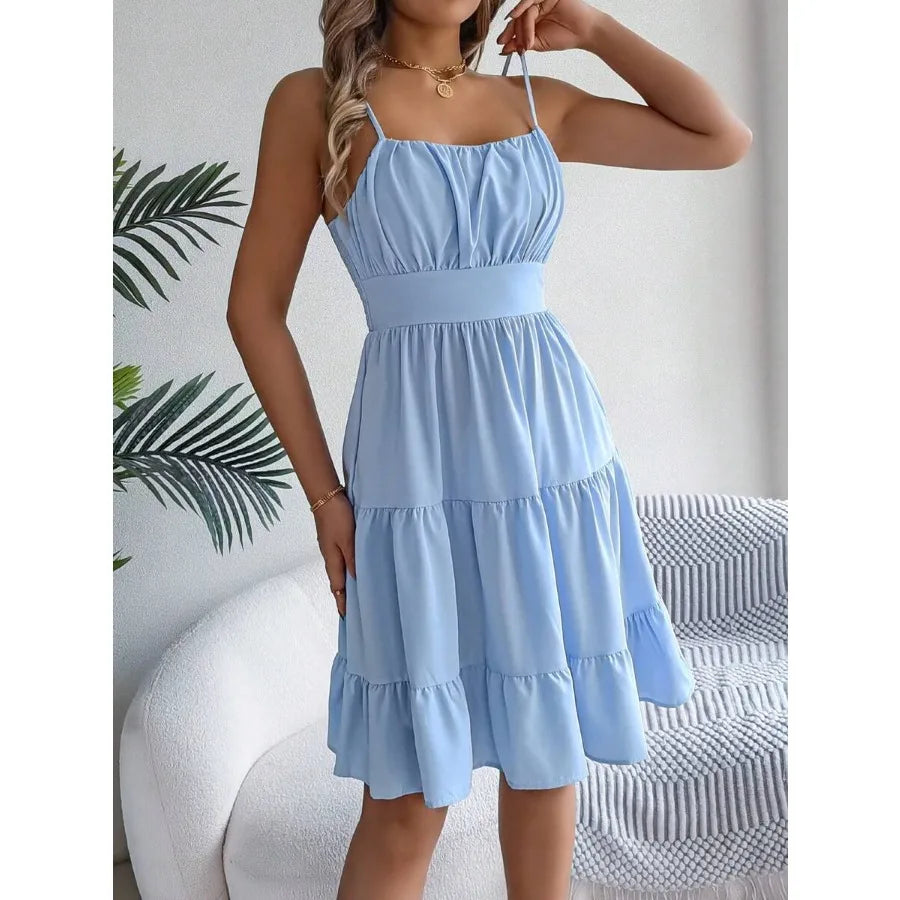 Ruched Strapless Tiered Mini Dress with Flowy Contemporary Summer Styling