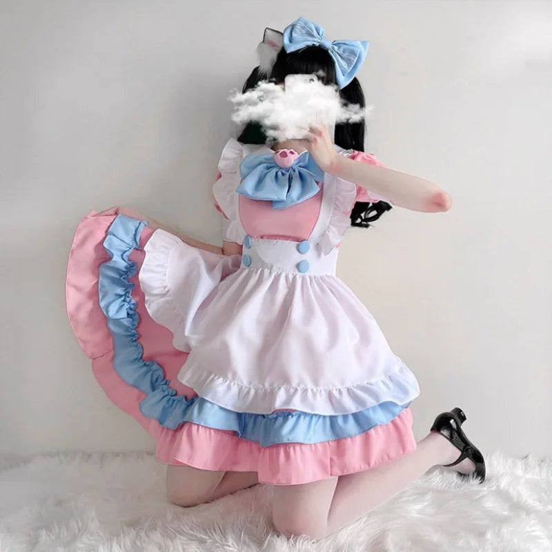 Women's Ruffle Maid-Inspired Dress with Layered Skirt, Apron and Matching Headpiece