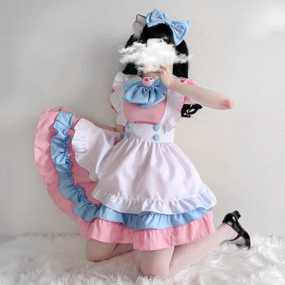 Women's Ruffle Maid-Inspired Dress with Layered Skirt, Apron and Matching Headpiece
