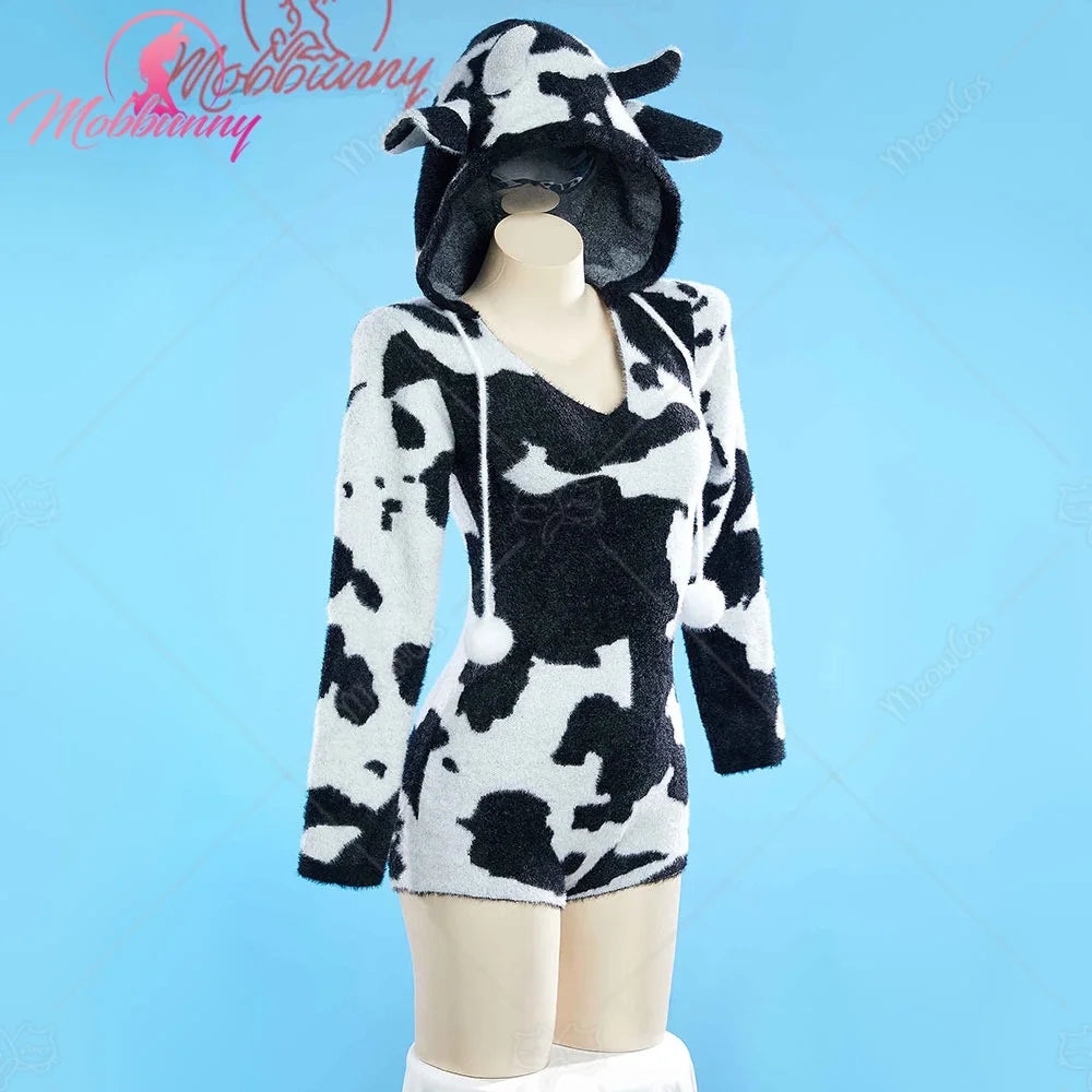 Women's Hooded Plush Zip-Up Bodysuit Romper with Animal Print Pattern and Soft Texture