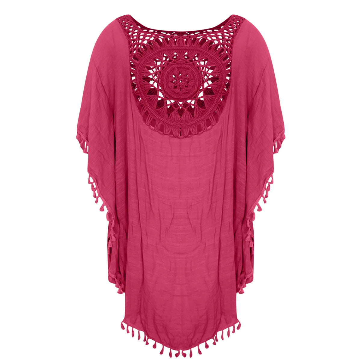 Boho Crochet Beach Cover-Up Tunic with Tassel Details, Loose Open-Knit Design and Bikini Layering Silhouette