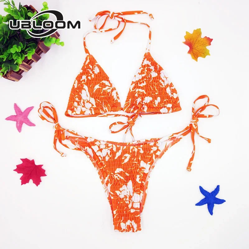 Vibrant Green Floral Underwire Bikini with Ruched Texture