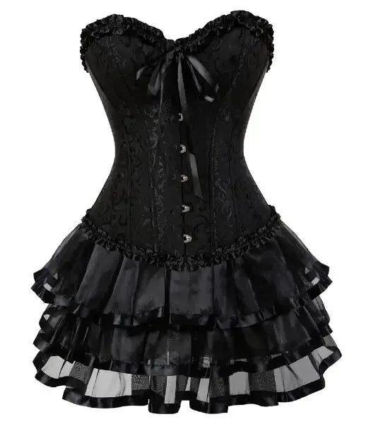 Ruffle Hem Overbust Corset Dress with Lace-Up Front and Layered Skirt