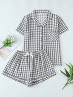 Women's Plaid Short Sleeve Pajama Shorts Co-Ord Set Lightweight Sleepwear