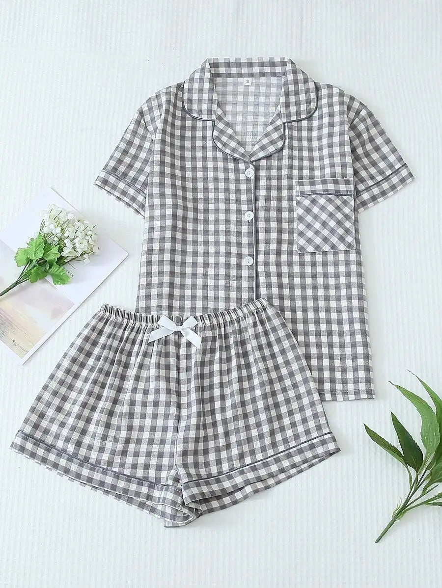 Women's Plaid Short Sleeve Pajama Shorts Co-Ord Set Lightweight Sleepwear