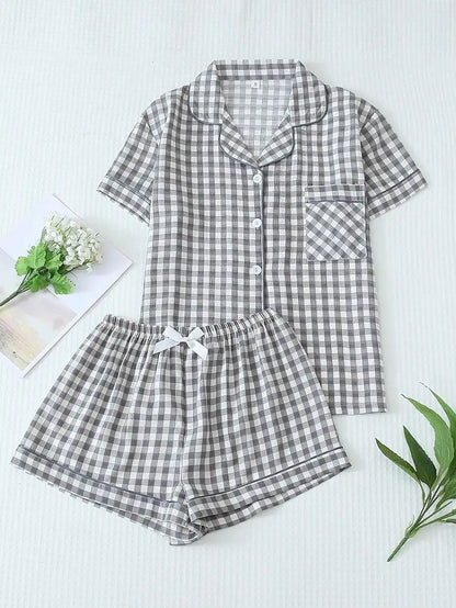 Women's Plaid Short Sleeve Pajama Shorts Co-Ord Set Lightweight Sleepwear