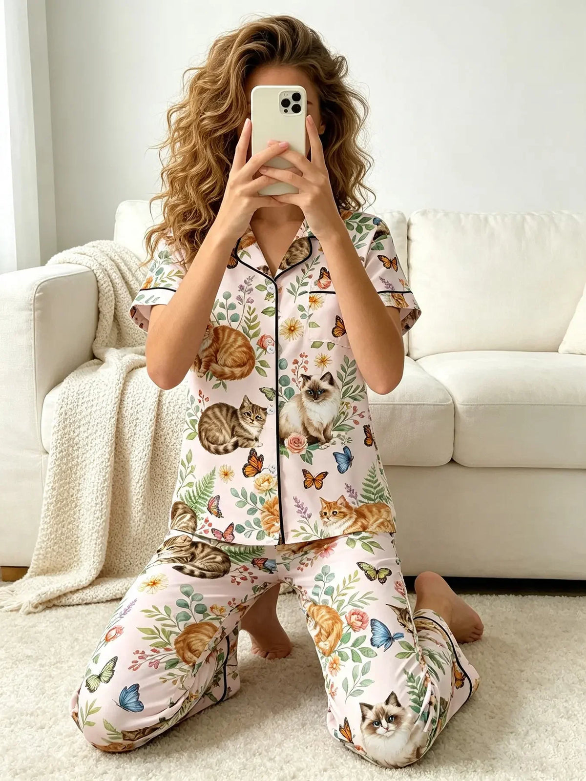 Bee and Sunflower Print Pajama Set with Short-Sleeve Button-Down Shirt, Lapel Collar and Matching Long Pants