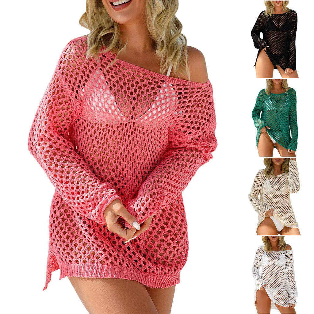 Open-Knit Crochet Beach Cover-Up Dress with Long Sleeves and Relaxed Sheer Mesh Design for Bikini Styling