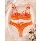 Vibrant Citrus Orange Floral Lace Push-Up Bra and Matching Thong Set