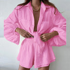 Women's Oversized Button Front Shirt and Shorts Co-Ord Set