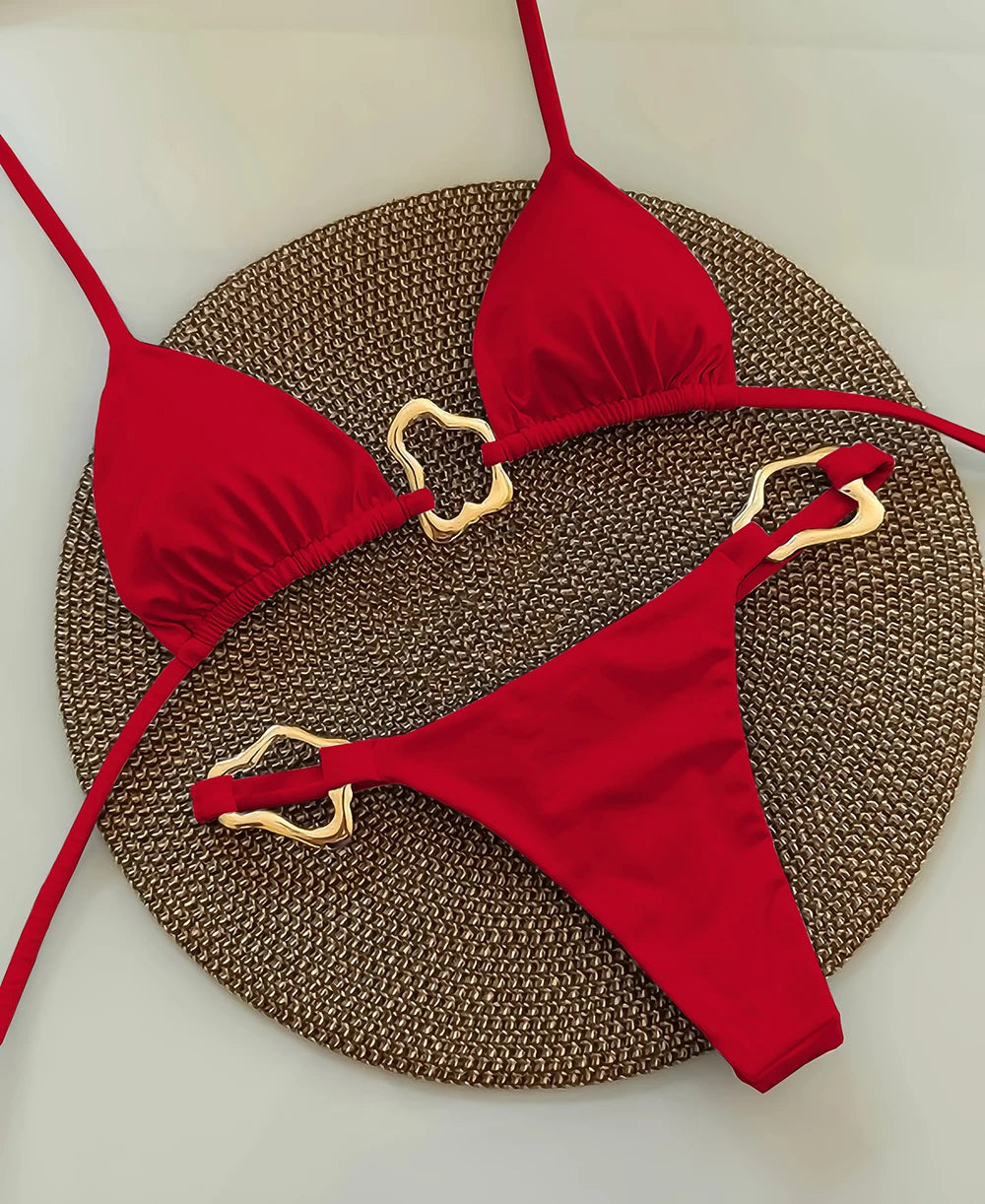 Espresso Brown String Bikini with Wavy Metallic Hardware Accents