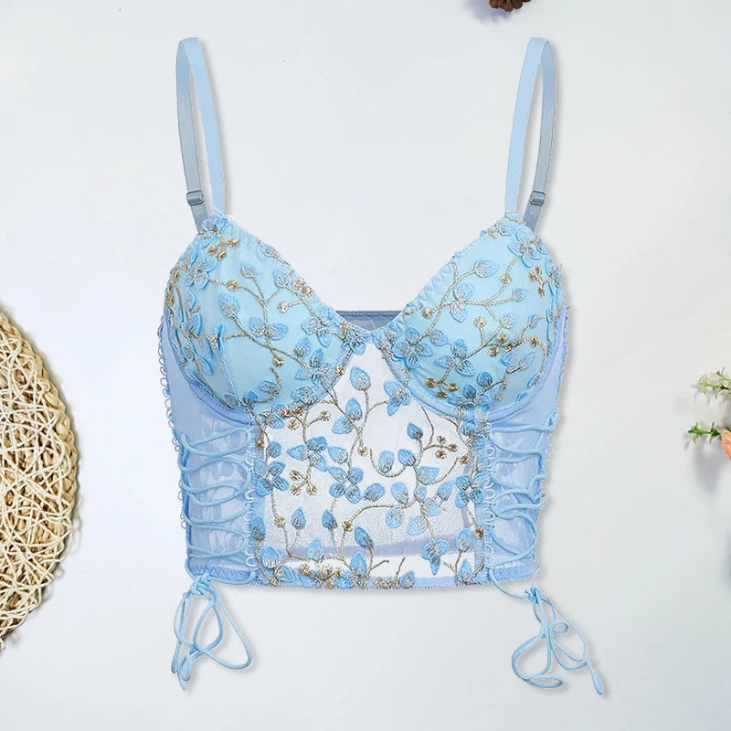 Floral Embroidered Bustier Top with Structured Cups and Adjustable Straps