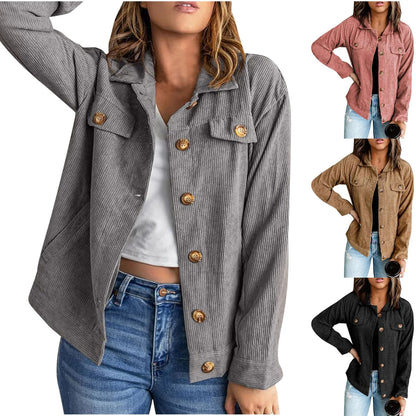 Women's Corduroy Textured Button-Up Jacket Relaxed Casual Streetwear Utility Overshirt