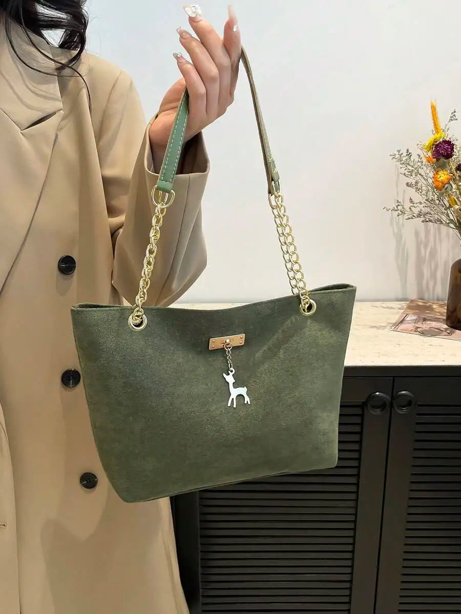 Soft Faux Suede Chain Strap Shoulder Tote Bag with Relaxed Silhouette