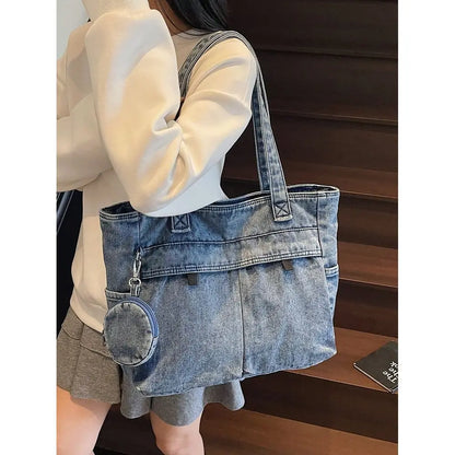 Washed Texture Utility Tote Shoulder Bag with Multi Pocket Design