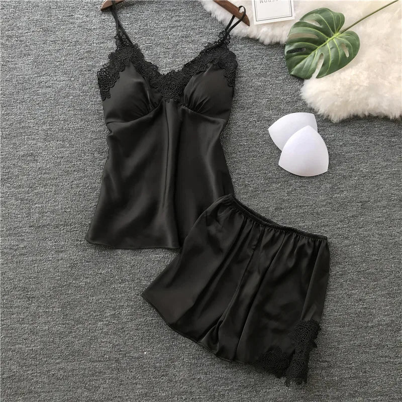 Elegant Navy Blue Satin-Finish Camisole and Shorts Set with Floral Lace Appliqué