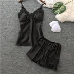 Elegant Navy Blue Satin-Finish Camisole and Shorts Set with Floral Lace Appliqué