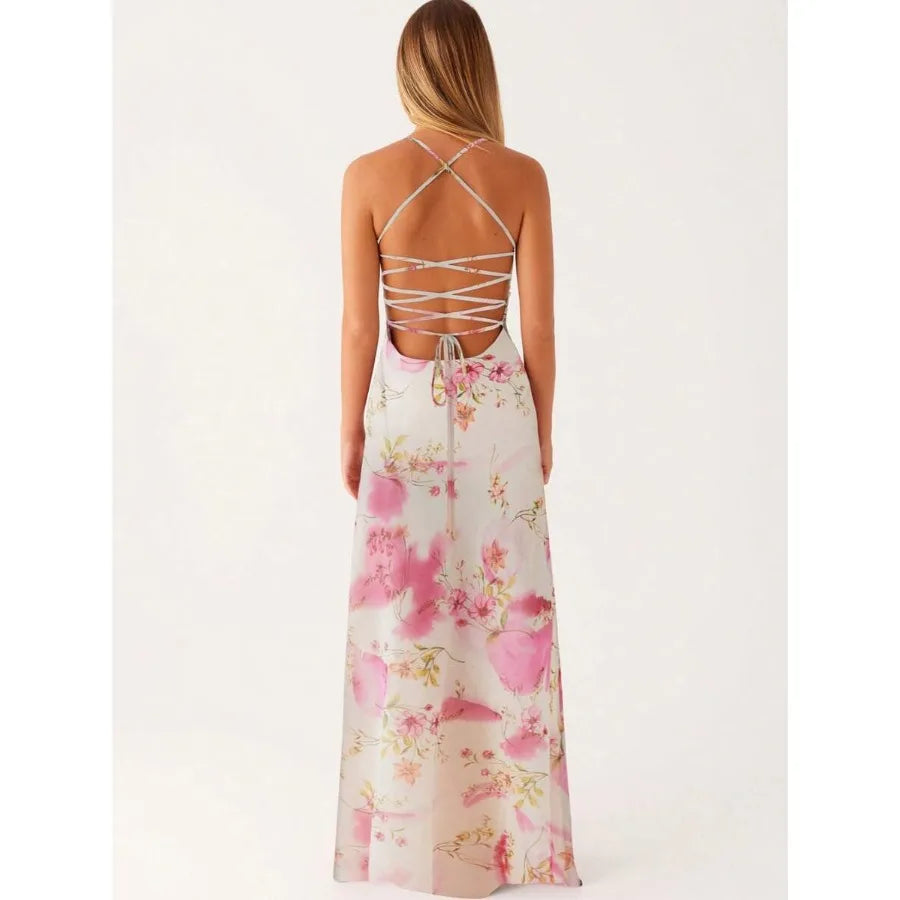 Floral Print Bodycon Maxi Dress with Square Neck and Tie Straps