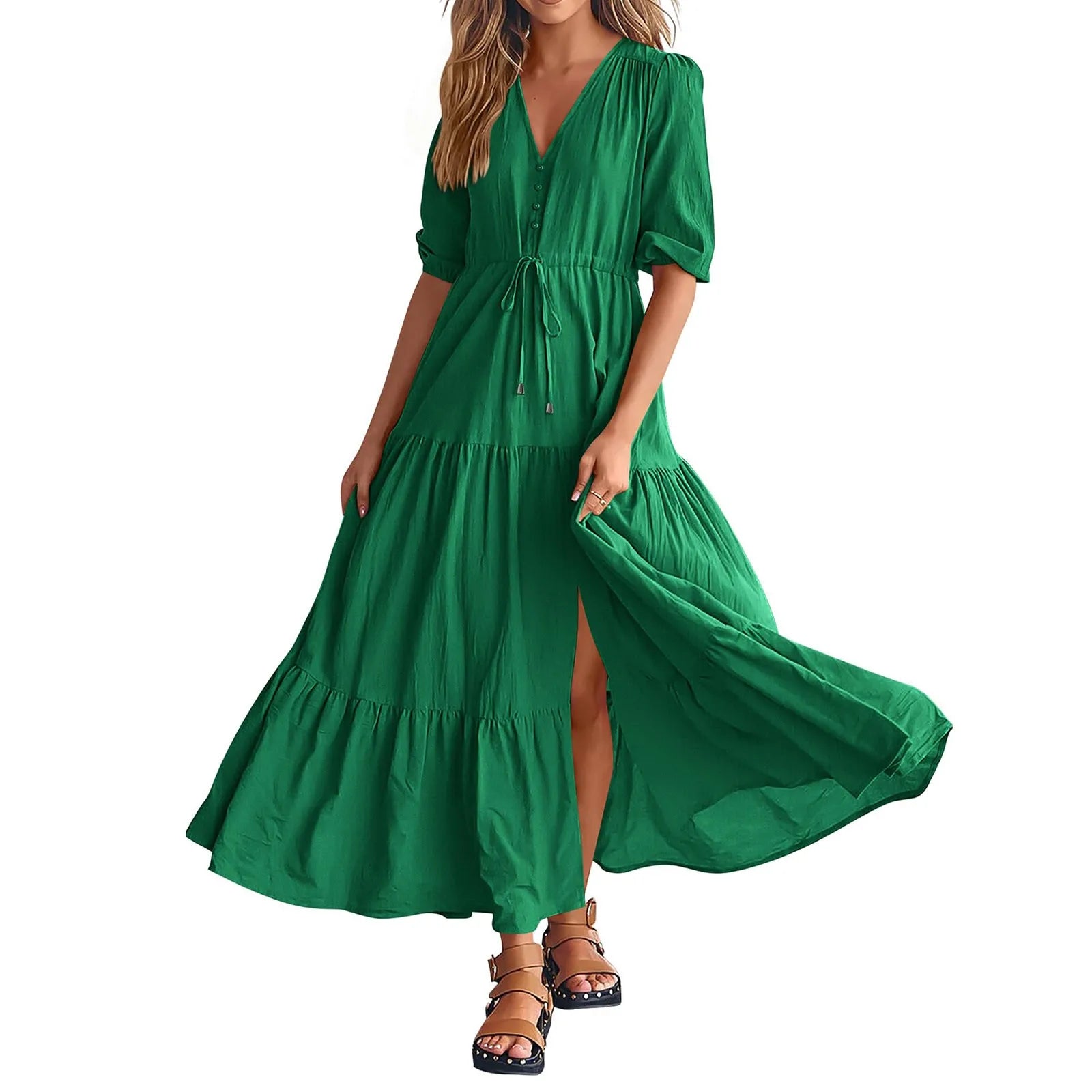 Tiered Drawstring Maxi Dress with Relaxed Flowing Contemporary Silhouette