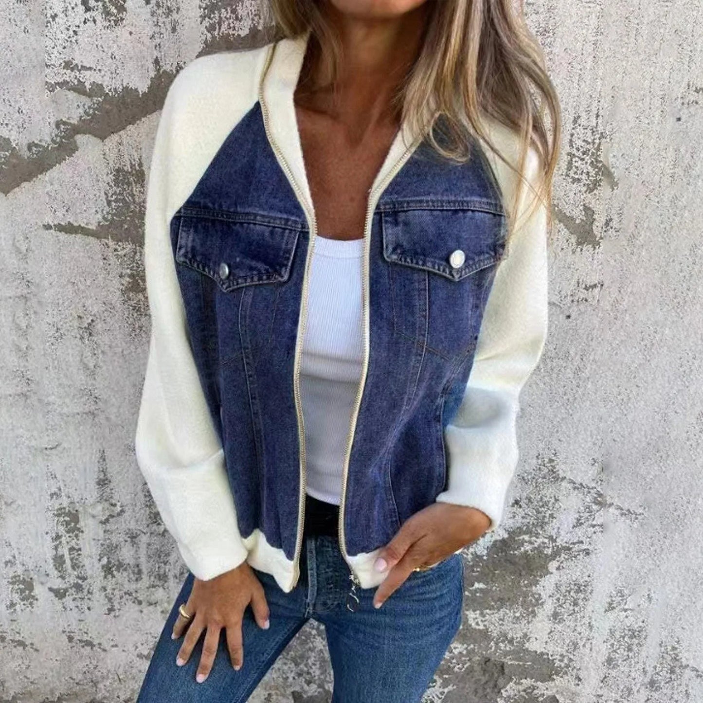 Women's Patchwork Denim Contrast Sleeve Button-Up Casual Streetwear Jacket