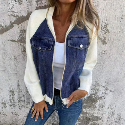 Women's Patchwork Denim Contrast Sleeve Button-Up Casual Streetwear Jacket