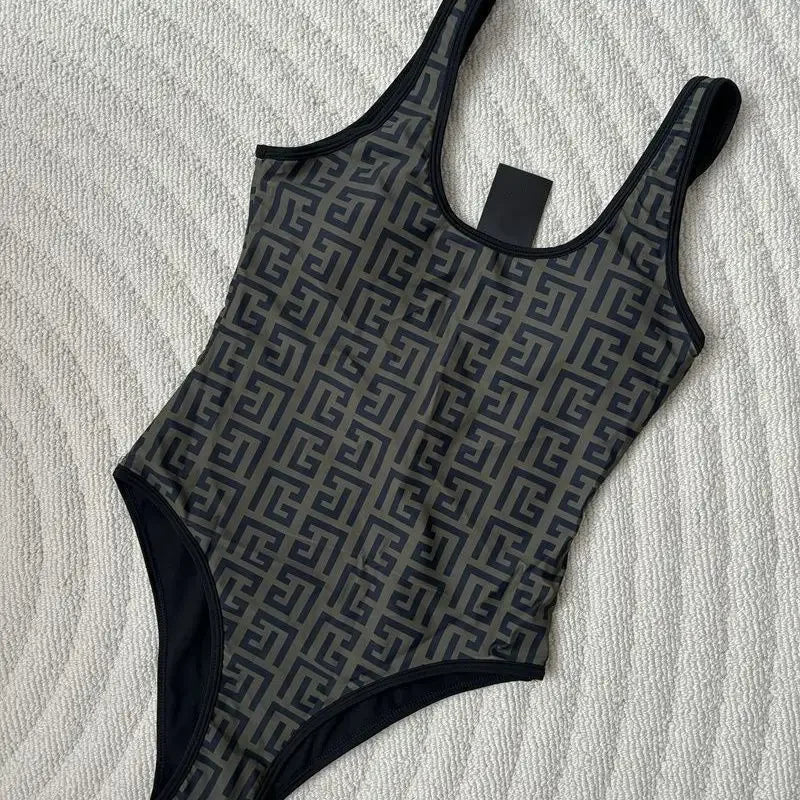 Geometric Pattern High-Waisted Bikini with Solid Navy Contrast Banding