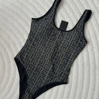 Geometric Pattern High-Waisted Bikini with Solid Navy Contrast Banding