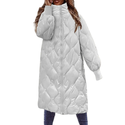 Women's Hooded Quilted Mid-Length Puffer Jacket with Diamond Stitch Streetwear Winter Outerwear