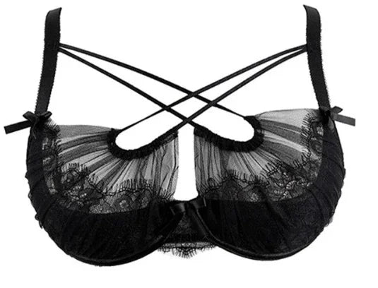 Cross-Tie Lace Mesh Lingerie Set with Adjustable-Strap Push-Up Bra and Matching Sheer-Detail Panty