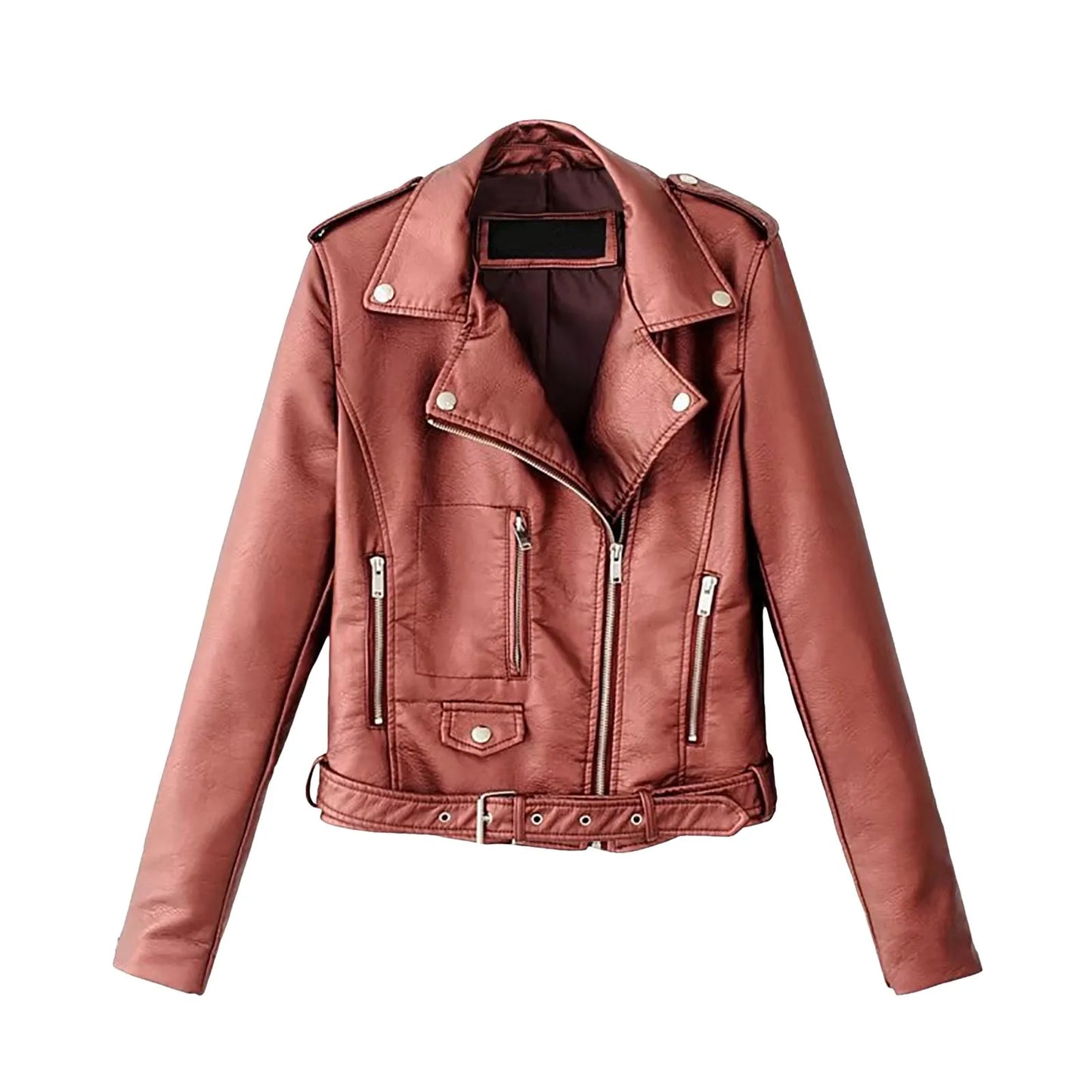 Women's Belted Faux Leather Moto Jacket with Asymmetrical Zip Streetwear Outerwear Style
