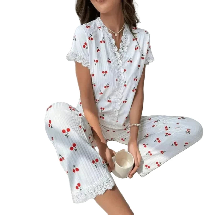 Women's Cherry Print Pajama Set with Button-Front Short-Sleeve Top and Matching Ankle-Length Pants, Lace-Trim Sleepwear