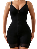 Mocha V-Neck Mid-Thigh Shaping Bodysuit with Front Zipper and Lace Trim
