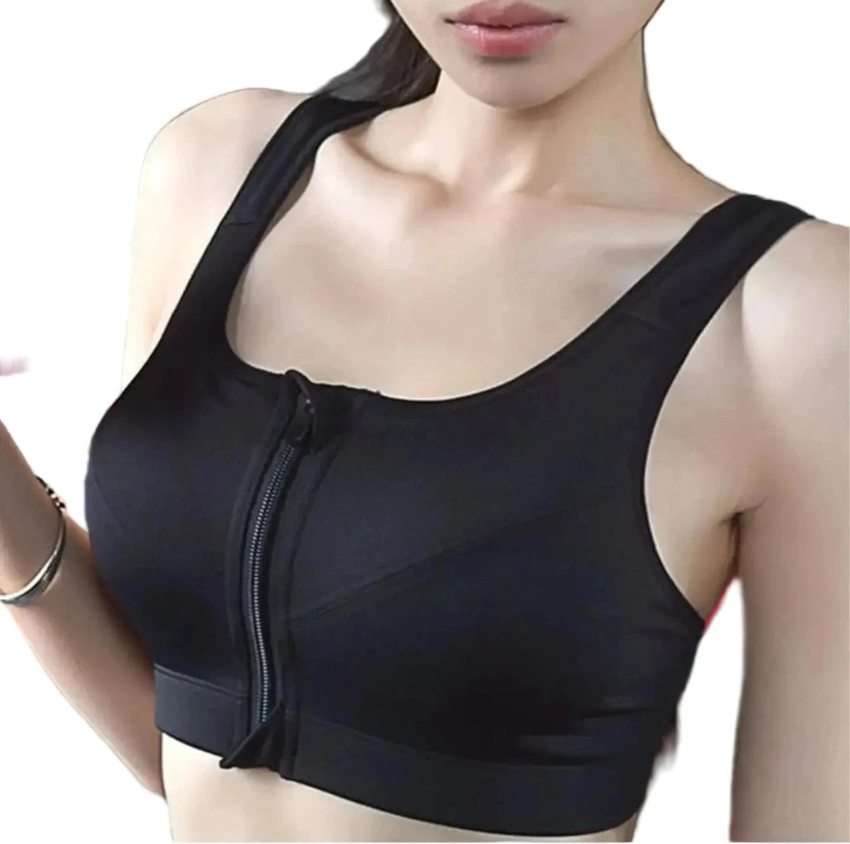 Sleek Black Front-Zip Athletic Sports Bra with Wide Shoulder Straps