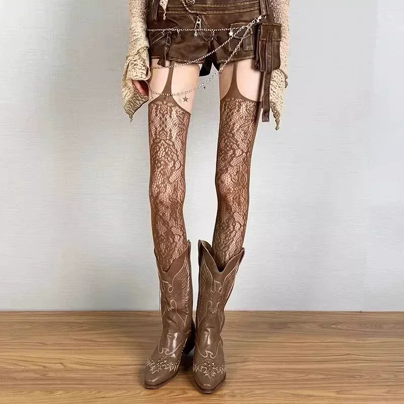 Floral Fishnet Thigh High Stockings with Decorative Suspender Inspired Mesh Design