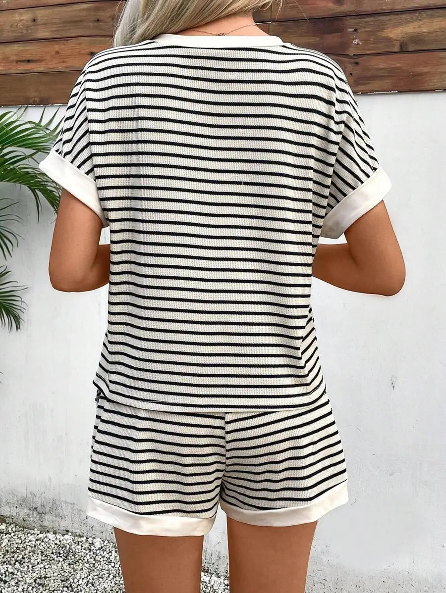 Striped Batwing Sleeve Top and Shorts Casual Summer Co-Ord Set