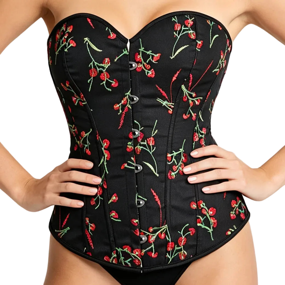 Black Sweetheart Overbust Corset with Red Botanical Embroidery and Front Clasp