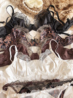Rich Chocolate Satin and Black Lace Spliced Underwire Lingerie Set