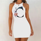 White Sleeveless Mini Nightgown with Bold Black Letter and Graphic Print, Slim Silhouette and Above-Knee Length