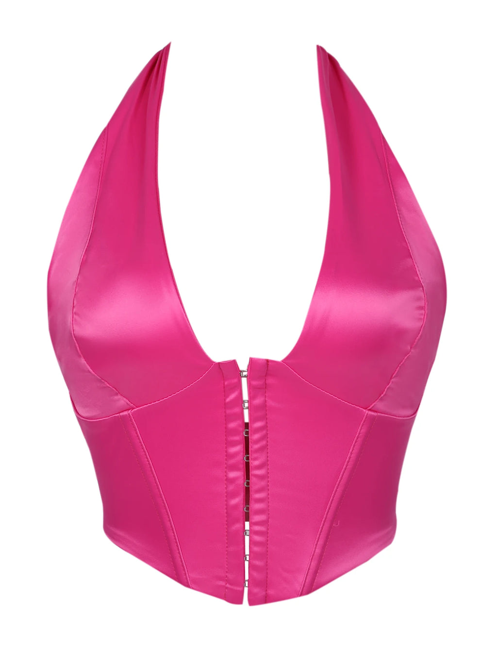 Sleek Black Satin Halter Bustier with Deep V-Neckline and Front Hook Closure